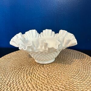 Vintage Large Fenton White Milk Glass Hobnail Ruffled Edge Bowl Dish